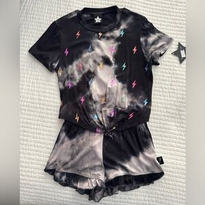 2 piece Pixie Lane Black Tye dye T-Shirt and ruffle shorts with lightning bolts